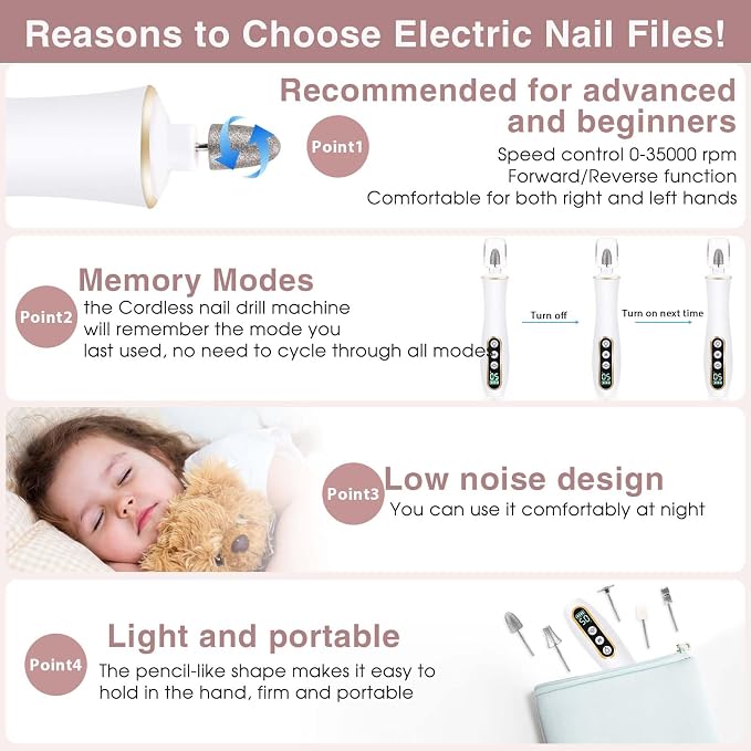 Hoxida Cordless Electric Nail Drill: 10-Speed Professional Nail File with 360° LED Light for Manicure Shaping & Gel Removal, Nail Art Practice Essentials,Home DIY & Portable Travel Use