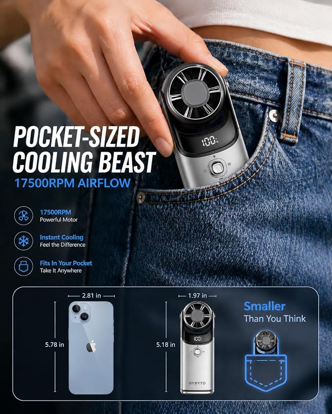 Pocket Handheld Fan with Cooling Plate, Mini Rechargeable Personal Fan with 100 Speeds, Powerful Portable Fan with Digital Display, Metal Body, 180° Adjustable Head for Travel Office Outdoor