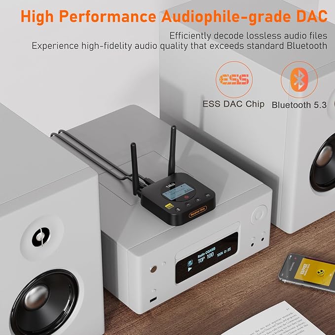 1Mii B06Pro+ Hi-Fi Bluetooth 5.3 Audio Receiver, LDAC Hi-Res Wireless Audio Adapter for Home Stereo w/aptX HD Low Latency, LCD Display, Long Range, Volume Control, 3.5mm AUX Optical Coaxial