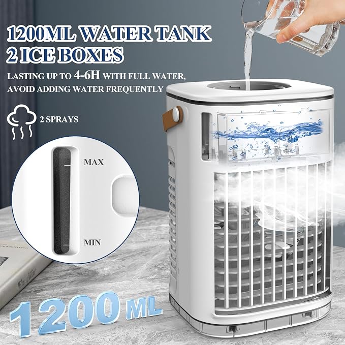 Portable Air Conditioners, 3-1 Mini Evaporative Air Cooler w/Remote, 1.2L Water Tank & 2 Ice Boxes, 7H Timer, USB Charging, 3 Speeds & 7 Color Lights, Personal Desktop Fan For Home Office Outdoors