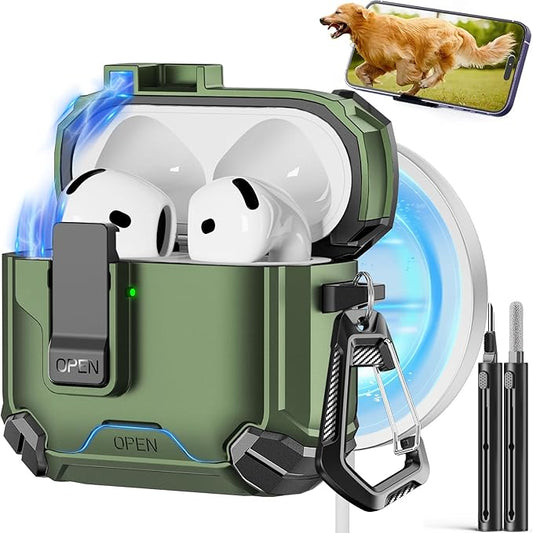 Pohgelan Compatible with AirPods 4 Case,Magnetic Automatic Lock with Phone Stand & Cleaning Kit,Compatible with Magsafe Cover -Army Green