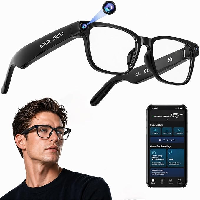 AI Smart Glasses with Camera, 4K HD Video & Photo Capture, Real-Time Translation, Recording Glasses with AI Assistant, Open-Ear Audio, Object Recognition, Bluetooth, for Travel (Transparent Lens)