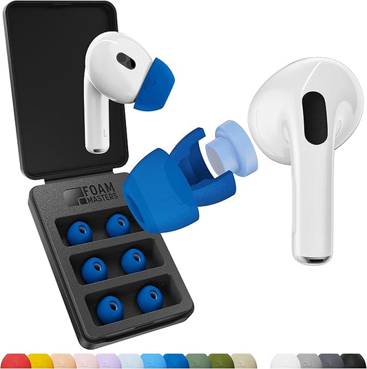 Ultra-Premium Silicone-Memory Foam Ear Tips for AirPods Pro 1st and 2nd Gen | Ultra Secure for Athletes | Comfortable | Better Sound | by Foam Masters SportMagic (Blue, Assorted S/M/L)