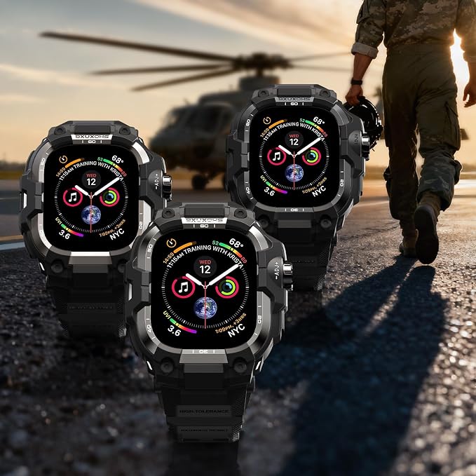 BXUXOHS Rugged Case and Band for Apple Watch 45mm Men, Compatible with Apple Watch Series 9/8/7, Military Grade Shockproof Bumper Cover, Tactical Band Case for iWatch 9/8/7 Man, Black Titanium