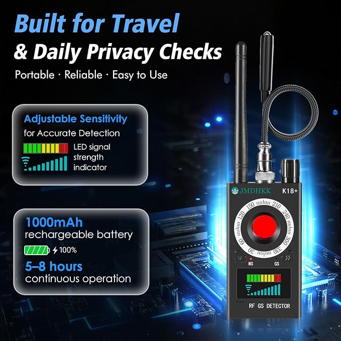 JMDHKK Hidden Camera Detector, Spy Camera Finder, Bug Detector, Magnetic Field Detector, Listening Device Detector – Privacy Protection Tool for Home, Office, Hotel, and Travel Security(Black)