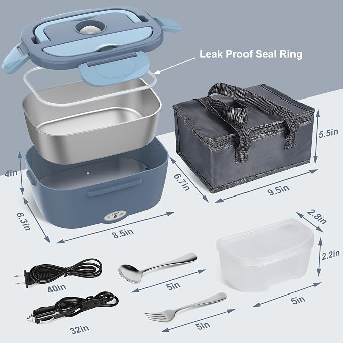 Vabaso Electric Lunch Box Food Heater, Electric Heating Lunch Boxes Lunch for Adults/Men/Truck/Car/Work, 80W 1.5L Removable 304 Stainless Steel Container, 110V/12V/24V, with Fork & Spoon