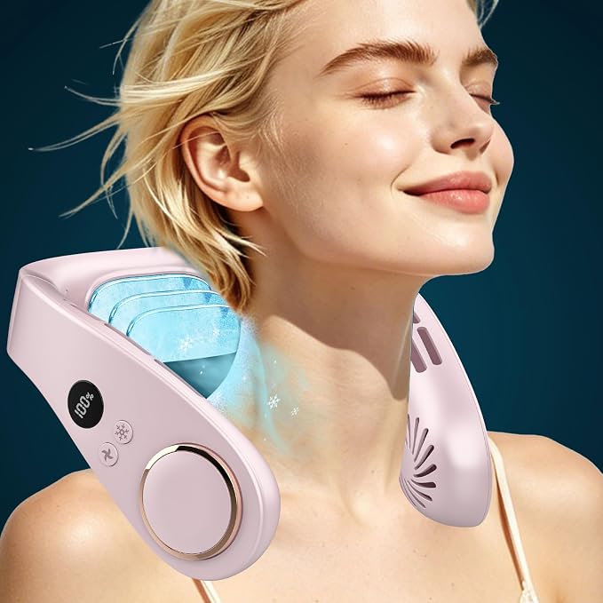 FWV Neck Fans with Cooling Plate, Silent 30dB, 3-24H Battery, 5500mAh USB-C Rechargeable, 5-Speed Neck Air Conditioner, LED Display Wearable Bladeless Personal Fan for Kid Adult Girl Light Purple