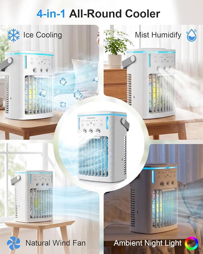 Portable Air Conditioners, Ultra-Quiet Mini AC Fan with 2-4-8H Timer, Remote Control, 3 Speed & Cool Mist, 3 Ultrasonic Nozzles, 7 Color Light, 1000ml Personal Evaporative Air Cooler for Office, Room