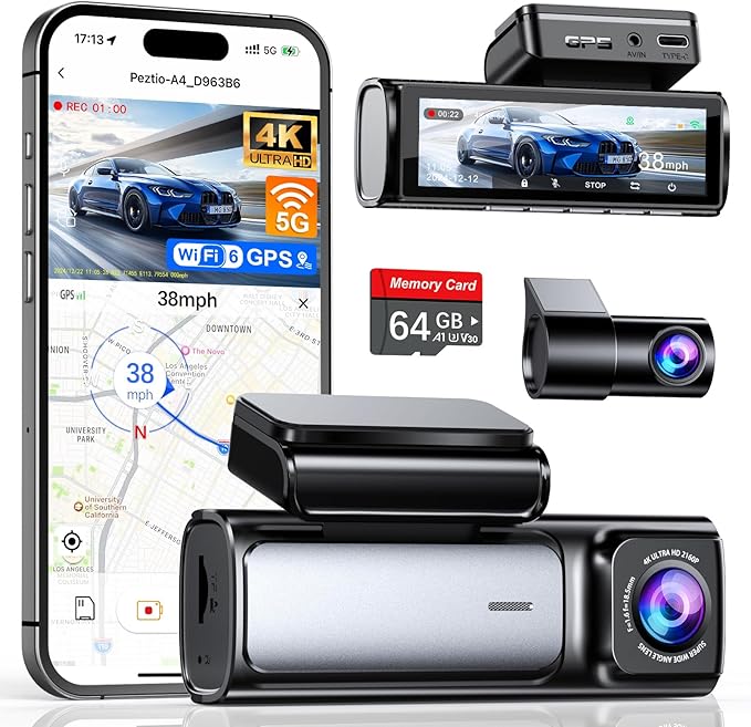 Affver 4K+2.5K Dash Cam Front and Rear, Built-in 5G WiFi 6 GPS, 64GB Card Included, 3.59'' IPS Screen Dash Camera for Cars, Dual Dashcam with G-Sensor, Loop Recording, 24H Parking Monitor