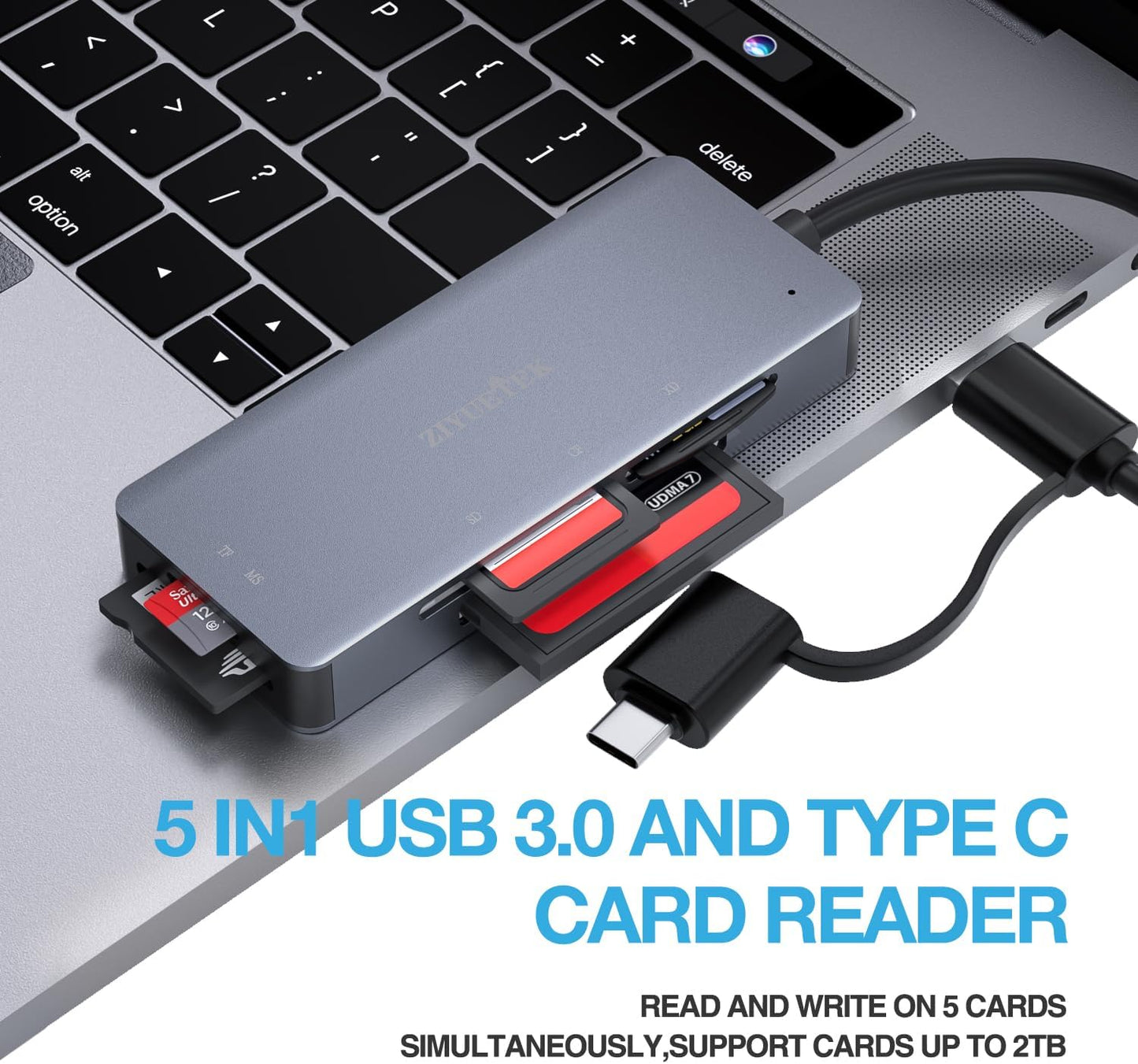 SD Card Reader, Aluminum 5in1 USB USB-C to SD Micro SD MS CF XD Card Reader Adapter Compatible with iPhone 15/16/Pro/Max, MacBook Pro/Air 2023, iPad Pro, iMac, S23, XPS 17, Surface Book 3 and More