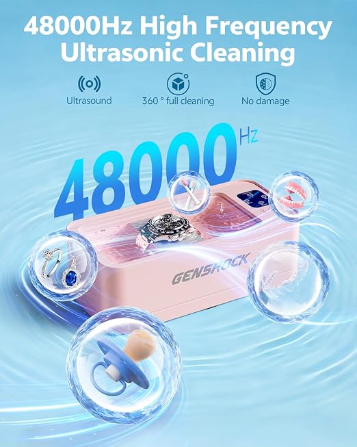GENSROCK Ultrasonic Jewelry Cleaner, 48kHz Professional Silver Jewelry Cleaner & Diamond Ring Cleaner, 3 Modes, Scratch-Free 360ML Tank, Quiet Sonic Cleaner for Gold, Earrings, Glasses(Pink)