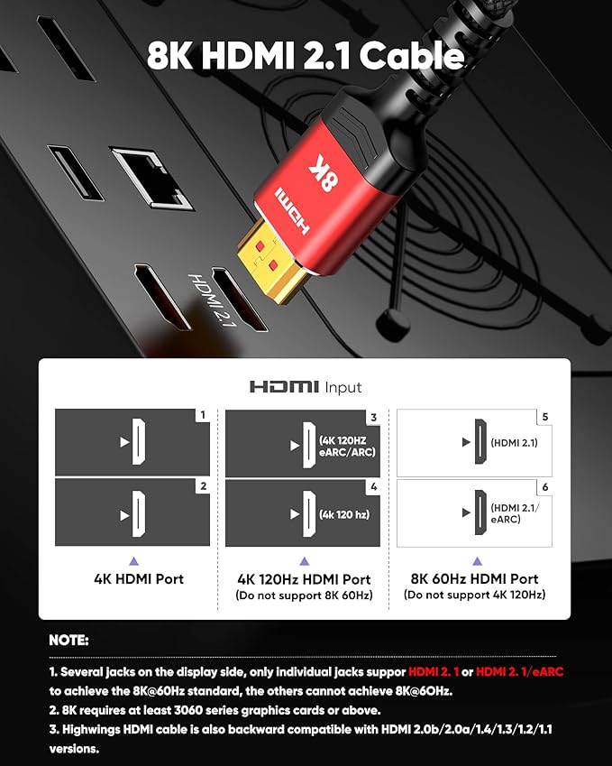 Highwings HDMI Cables 3.3FT/1M 2-Pack, (HDMI 2.1) 10K 8K@60Hz 4K@120Hz 48Gbps HDMI Cord, Ultra High Speed Picture Quality Performance Cable, Braided, HDCP 2.2&2.3, eARC, Ease of Installation