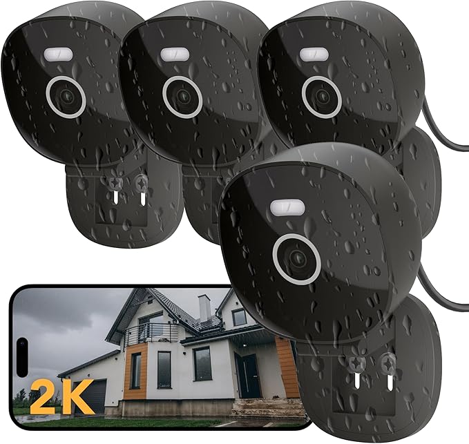 2K Wired Security Camera, Indoor/Outdoor for Home, Pet, Baby, Nanny, IP65 Waterproof Color Night Vision, White Light & Siren, Recording, Motion Detection, Works with Alexa,Pulg in, Black-4P