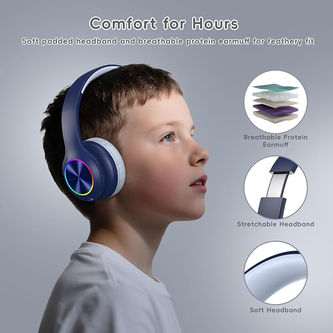 Candy Bila Kids Bluetooth 6.0 Headphones with LED Light, 85Hours Playtimes, Type-C Fast Charging, 85/94dB Volume Limited, Comfort Wireless Headphones with Built-in Mic, Wired & TF Card Mode, Navy Blue
