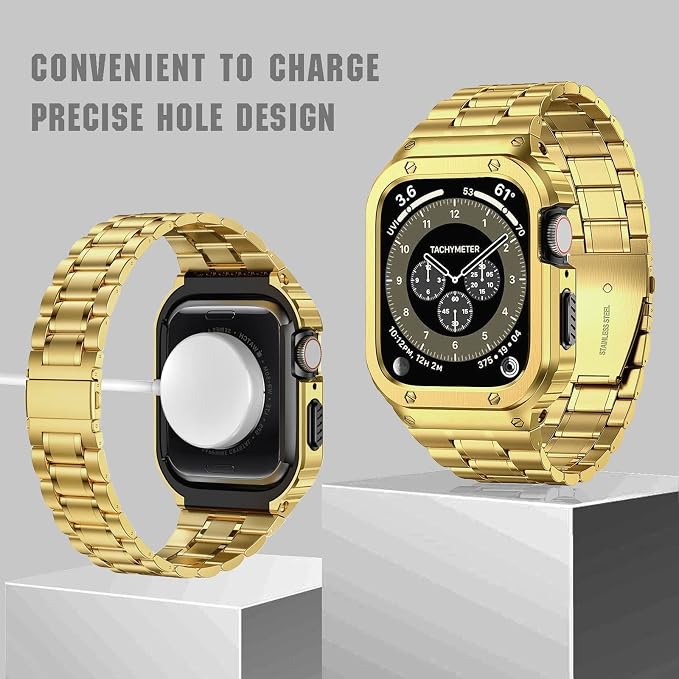 MioHHR Stainless Steel Watch Band with Case Compatible with Apple Watch Series 11/10 46mm,Rugged Strap with Metal Protective Bumper Cover for iWatch Band Men(Gold)