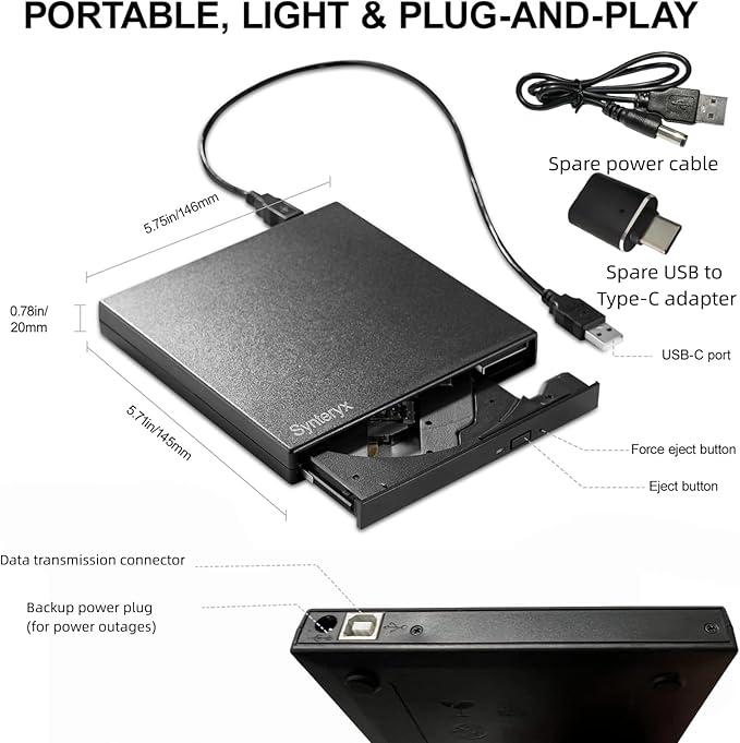 External CD DVD Drive USB and Type-C, Portable Slim CD/DVD +/-RW Burner Reader Writer Player for Laptop Desktop PC Mac Windows Linux OS Apple (Matte Black (with Protective Case))