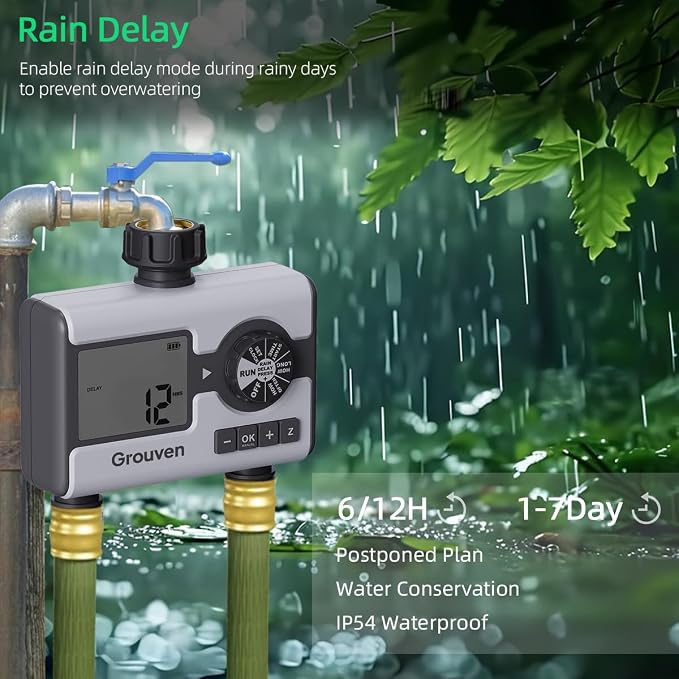 Water Timer for Garden Sprinkler Hose Timer with Rain Delay, Manual, Automatic Watering System Programmable，2 Outlet