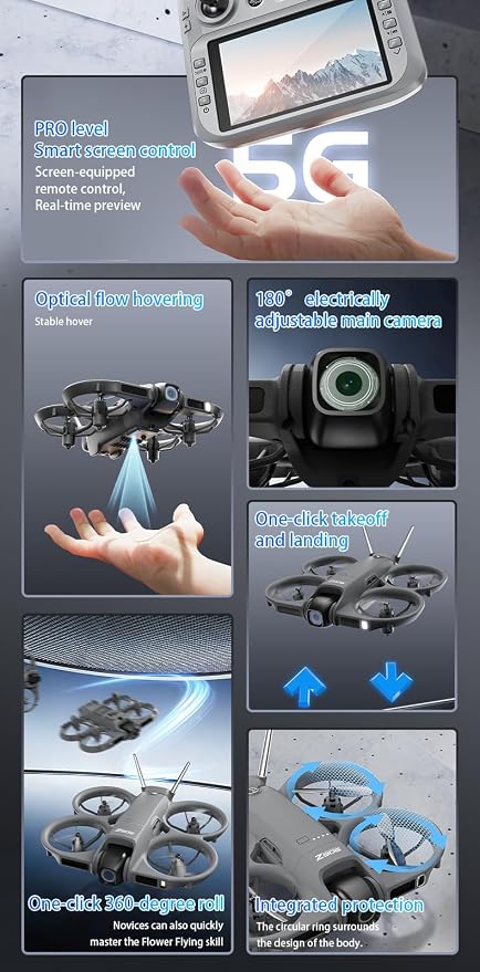 Drone with HD Camera & 4.3 Inch Screen Remote, 3-Sided Obstacle Avoidance, WiFi FPV Quadcopter Altitude Hold Headless Mode & One-Key Return, Mini Portable Drones for Beginners Adults (Grey)