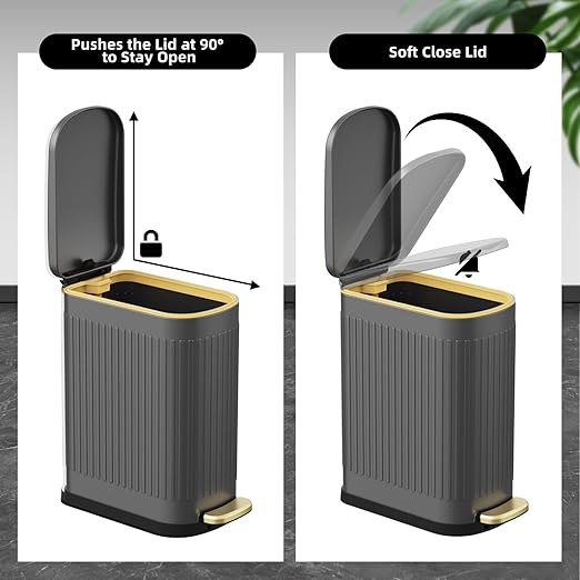 KSSKSS 2.6 Gallon Slim Bathroom Trash Can with Soft Close Lid, 10L Stainless Steel Garbage Can with Removable Liner Bucket, for Narrow Spaces, Bathroom, Bedroom (Gray)