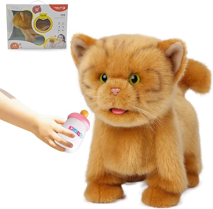 CU-MATE Electronic Stuffed Walking Cats, Realistic Interactive Pet Toy Cat, Walking, Barking, Wagging Tail & Talking, Present Gifts for 3+ Year (Orange Cat)