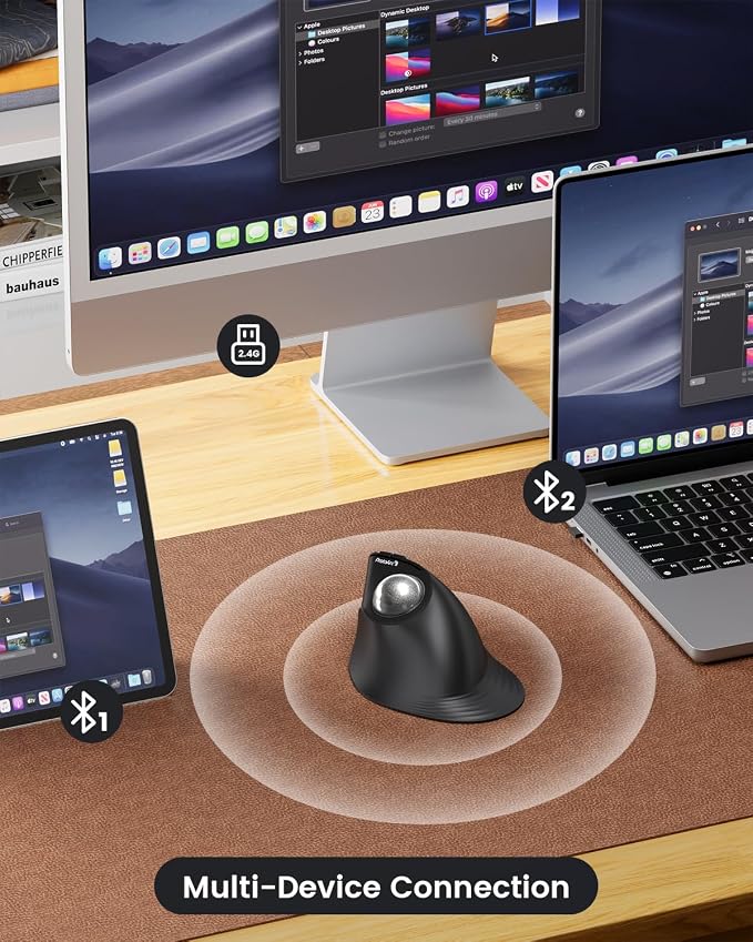 ProtoArc Wireless Trackball Mouse, EM05 NL Vertical Bluetooth Ergonomic Rollerball Thumb Mouse Rechargeable Laptop Mice, 3 Device Connection, Compatible with iPad, Mac, Windows-Silver