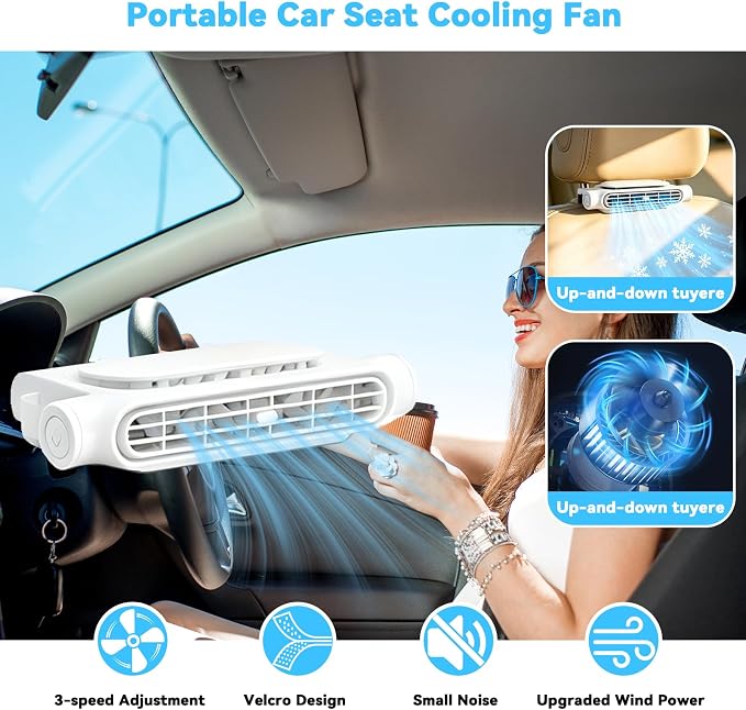 1PCS Car Seat Fan, Portable Car Fans for Backseat for Kids, USB Rechargeable Backseat Neck Cooling Air Conditioner Cooler Vent Clip on Fan with 3 Adjustable Wind Speeds Device for All Cars-White