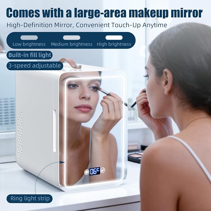 6L Mini Fridge with 3-Level Dimmable LED Mirror, Cooling & Warming, AC/DC Portable Skincare Fridge for Dorm, Car, Office