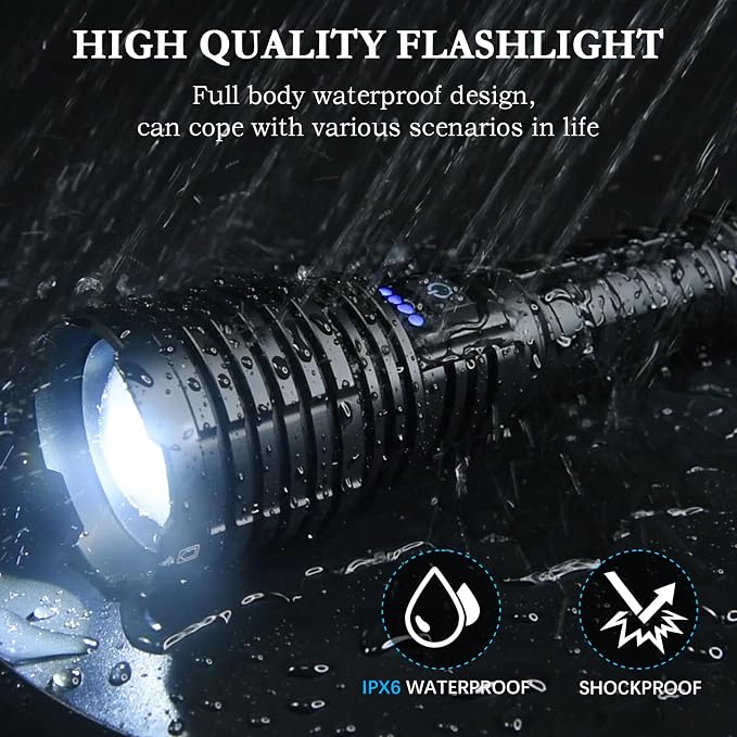 baibian Rechargeable Flashlights High Lumens, 100,000 Lumens Super Bright Flashlight, LED Handheld Waterproof Tactical Flashlights-Zoomable 5 Modes-31H Runtime-Holster for Emergency Camping