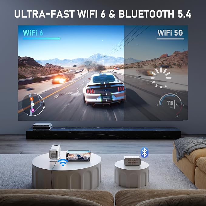 【Ivory Projector & Built-in Apps】 XuanPad Mini Projector with Wi-Fi and Bluetooth, Full HD 1080P Smart Portable Projector with 210° Stand, Auto Vertical Keystone, Compatible with HDMI/USB/TV Stick