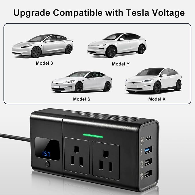 HANSSHOW 200W Car Power Inverter for Tesla Model Y/Juniper/3/S/X 16V Compatible Dual DC 12V to 110V AC Outlet Adapter 30W USB-C &18W USB Fast Car Converter with LED Display for Road Trip Camping Gift