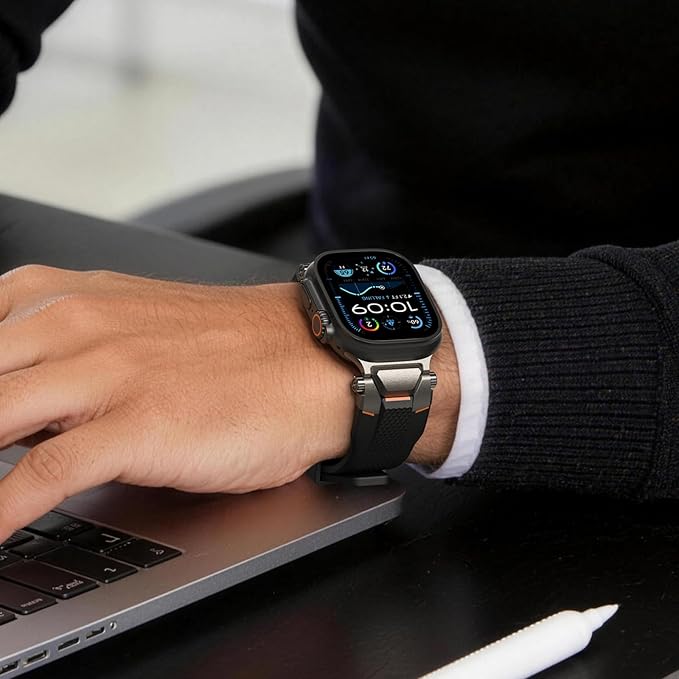 ULTIMAL Rugged Band for Apple Watch Ultra 3/2/1 49mm, Series 11/10/9/8/7/6/5/4 SE 46mm/45mm/44mm, Waterproof, Soft TPU Strap with Stainless Steel Buckle & Connectors, Sweat-Resistant, Easy to Clean, Fits 155-225mm Wrist (Black/Gray)