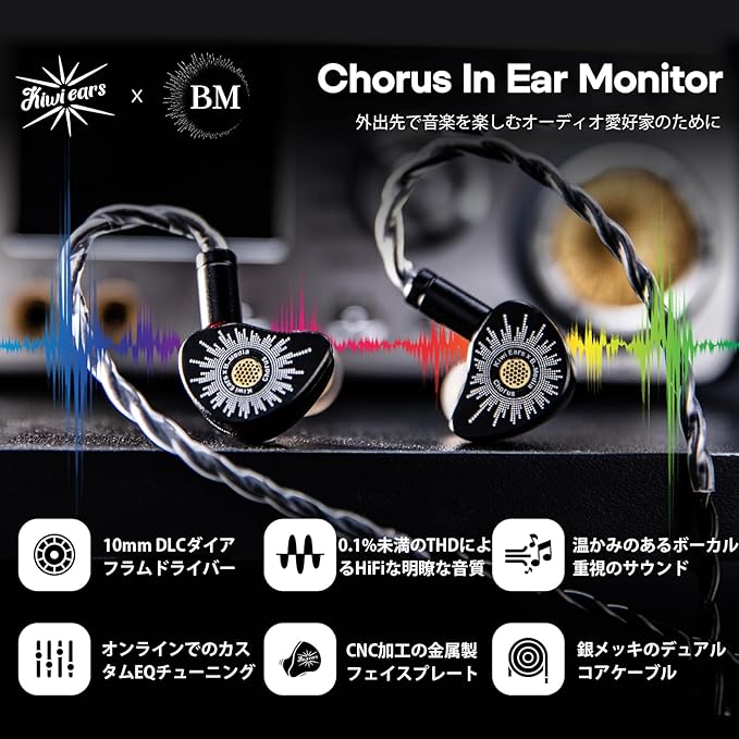Linsoul Kiwi Ears x B_Media: Chorus in Ear Monitor,DLC Diaphragm Dynamic Driver Wired Earbuds CNC Metal Faceplate IEM,with Dual Silver-Plated Cable,Earphones for Audiophile (1, Black, Type C Mic)
