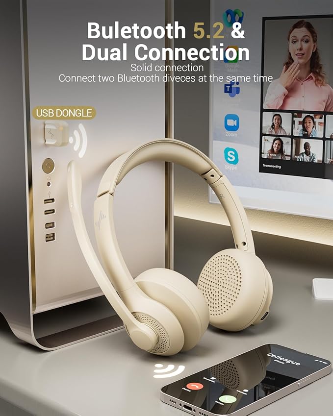Bluetooth Wireless Headset with Mic for Work, Bluetooth 5.2, Advanced Noise Reduction Microphone, Clear Calls - Comfortable On-Ear Headphones, Applicable to PC, Laptop, Phone, Android, Zoom, Office