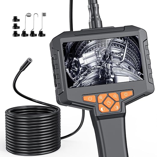 Single Lens Borescope, Ginocaco 4" IPS Endoscope Camera with Light, IP67 Waterproof Snake Camera with Semi-Rigid Cable for Automotive, Plumbers, HVAC(16.4Ft)