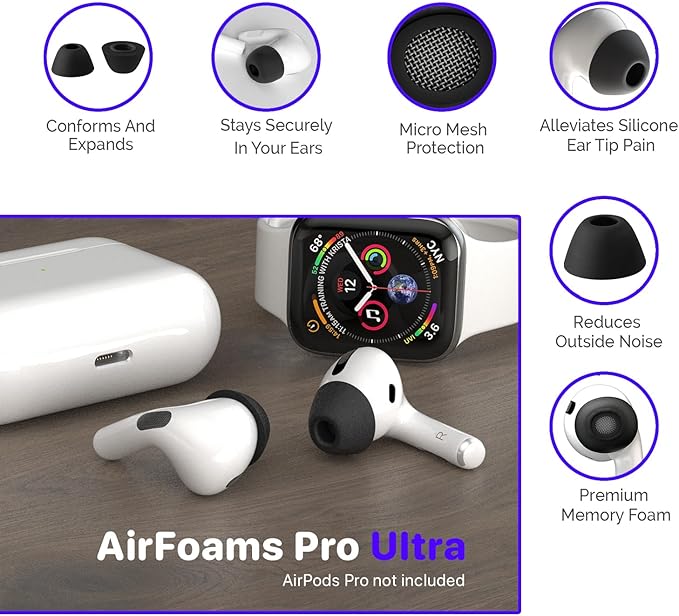 AirFoams Pro Ultra V5.0 Memory Foam Lifetime Replacement Ear Tips for AirPods Pro 1 & 2 — Black Color, Anti Slip, Better All Day Comfort, Don't Fall Out, Noise Cancelling, Better Sound (3 Pairs-S/M/L)