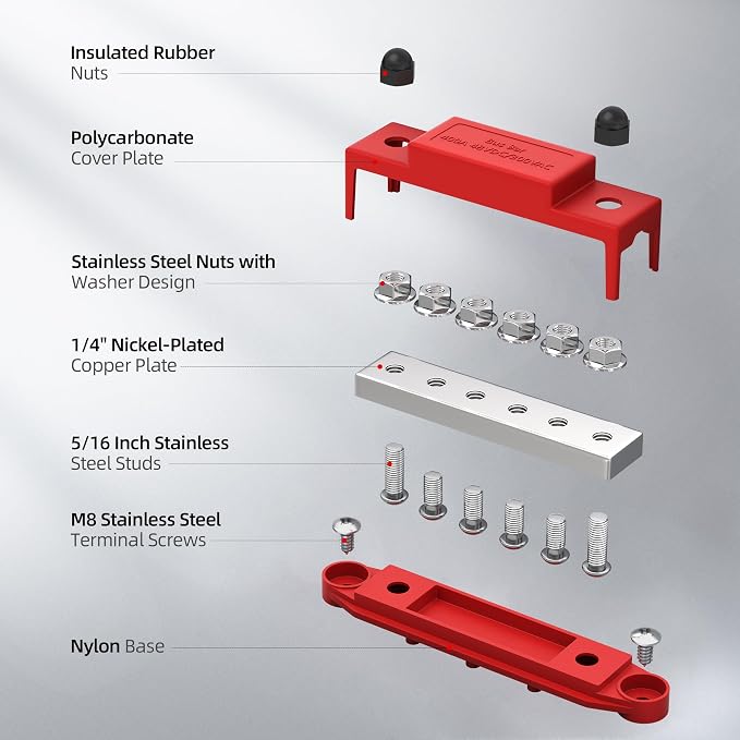 RVMARINEPAT 400A 12V 24V 48V Bus Bar with 6 x 5/16" (M8) Studs, Heavy Duty Power Distribution Block & Battery Terminal Kit with 6 Lugs for Inverter, Solar, Marine, RV (Red & Black Pair)
