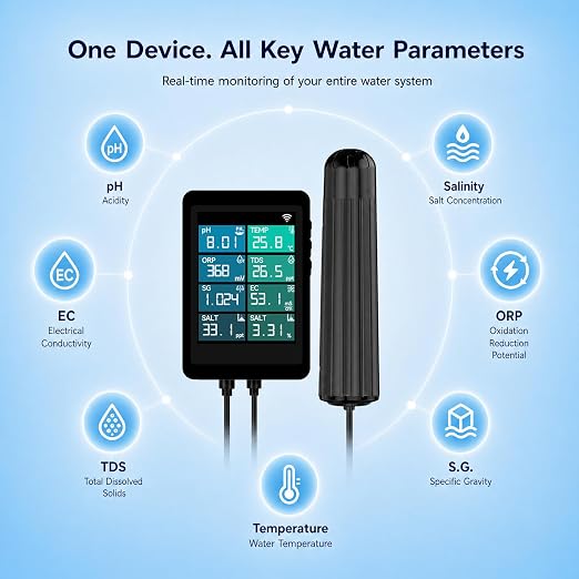 7-in-1 Water Quality Monitor, Dual Mode Local Display & WiFi Smart Monitoring, pH ORP TDS EC Salinity S.G. Temp Meter for Aquariums, Reef Tanks, Hydroponics & Ponds