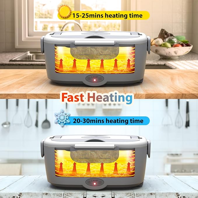 Sitlais Electric Lunch Box for Adults - Fast Heating Portable Food Warmer with 2 of 53oz 304 Stainless Steel Containers 12V/24V/110V Heated Lunch Box for Men&Women Work Office Truck Travel lonchera