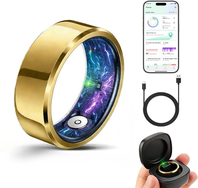 Smart Ring for Women & Men, Health & Fitness Tracker with Heart Rate/Sleep Monitoring/Blood Pressure, 5ATM Waterproof,Activity Trackers with Free App,Stylish Fitness Ring Birthday Gift(Size 8, Gold)