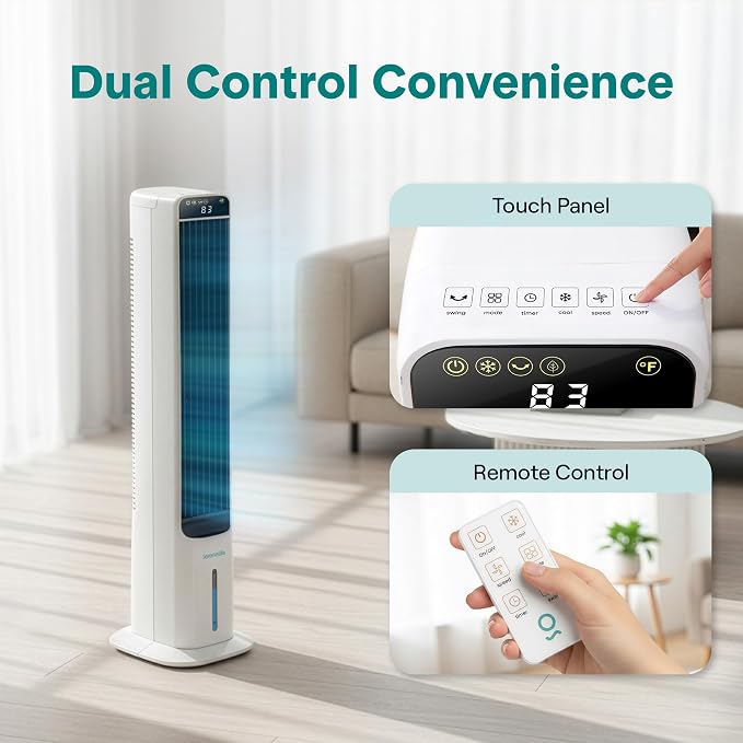 SereneLife Evaporative Air Cooler Tower Fan with Remote, 5L Water Tank, 4 Ice Boxes, 3 Speeds, 60° Oscillation, Quiet Portable Swamp Cooler, Cooling Fan for Bedroom, Home, Office, Dorm