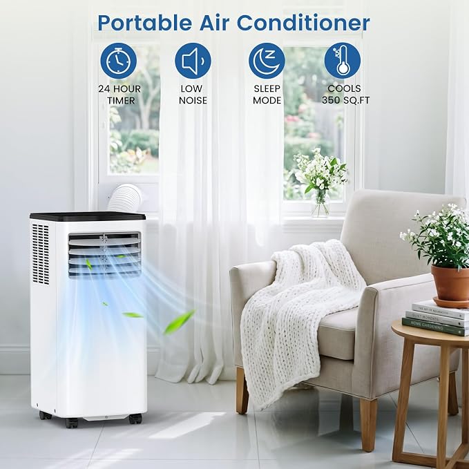 Electactic 8000 BTU Portable AC, 3-in-1 Air Conditioner with Dehumidifier & Cooling Fan, Remote Control, LED Display, Sleep Mode, Quiet, 24H Timer, 360° Casters & Window Kit, for Room Office Apartment