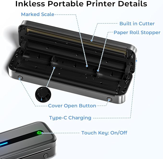 Wireless Inkless Thermal Printer, Bluetooth Mobile Printer for Phone & Laptop, Portable Travel Printer with 300 dpi, Supports US Letter Thermal Paper, Compatible with Mac/Windows
