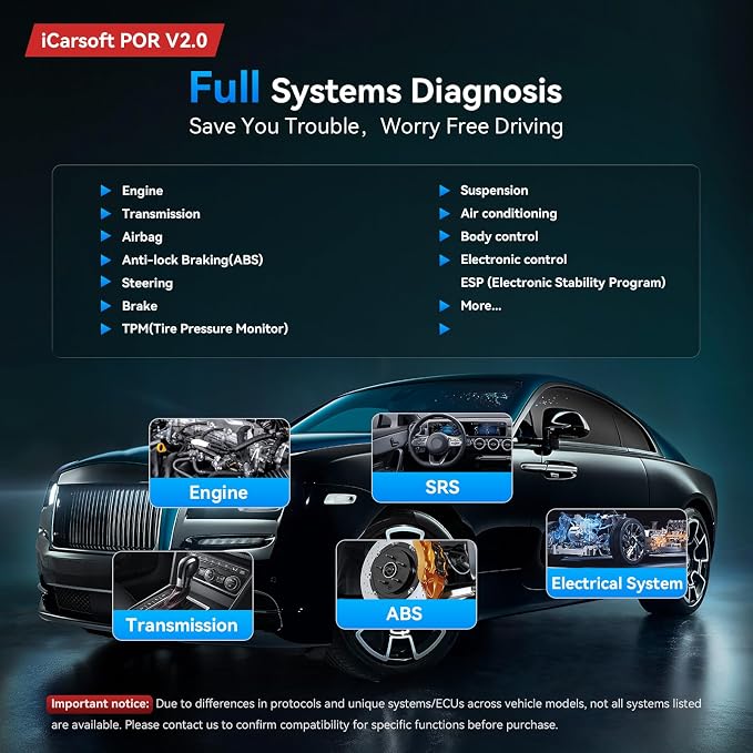 iCarsoft POR V2.0 fit for Porsche/Cayenne/911 Full Systems Diagnostic Scan Tool, OBD2 Scanner with 8 Resets, Live Data, Battery Test Module Info, Lifetime F-Ree Update