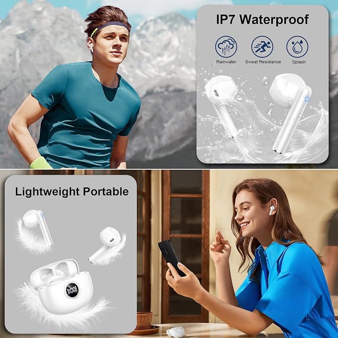 Wireless Earbuds, Bluetooth Headphones, Stereo Bass Ear Buds with ENC Noise Cancelling Mics, Bluetooth Earbuds with LED Display Charging Case, IP7 Waterproof Earphones for Android iOS/Light white