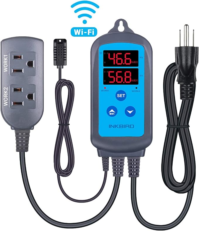 Inkbird Digital Wi-Fi Humidity Controller IHC-200 Dual Outlet Pre-Wired Humidistat for Mushroom Growing Curing Meat Reptile Greenhouse Support Humidifier Dehumidifier Fan iOS&Andriod.