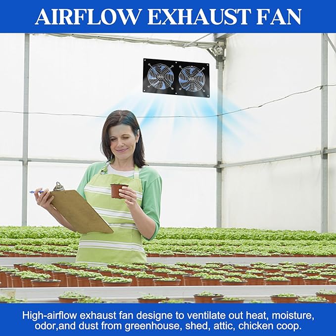HNRLOY Solar Exhaust Fans & Powered Fan with 15W Panel & 2-Pack High-Speed Brushless DC Fans,Solar Ventilation Fan for Greenhouses, Chicken Coops, Attics, Barns, Sheds & Dog Houses
