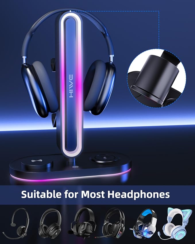 HiWe 4-in-1 RGB Gaming Headphone Stand with Dual Controller Holder, Wireless Charger for iPhone/Apple Watch, USB-A & USB-C Outputs, Adapter Included, Black