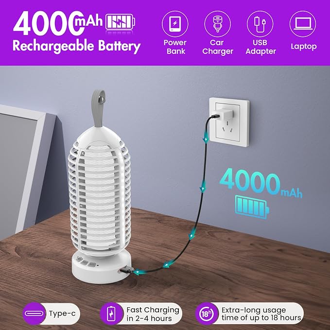 Bug Zapper Outdoor with Colorful Lighting and Auto-Sensing, 3 in 1 Cordless 4000mAh Battery Electric Fly Trap, Rechargeable Mosquito Zapper for Camping, Patios, Garden, Kitchen (2Pack-White)