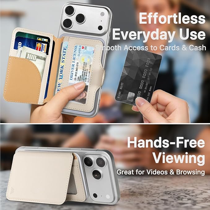 for MagSafe Wallet, Magnetic Phone Wallet RFID Blocking, Slim 5-8 Card Holder with Cash Slot & Clear ID Window, Minimalist Mag Safe Wallets for iPhone 17/16/15/14/13/12 Series, Oatmeal Beige