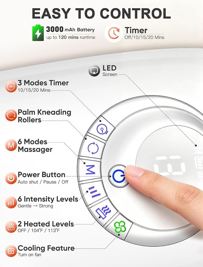 JZBRAIN Hand Massager with Heat and Compression : Full Hand & Wrist Massage, Cordless Electric Hand Massager with 6 Modes & 6 Intensities for Office, Seniors Daily Comfort & Relaxation (White)